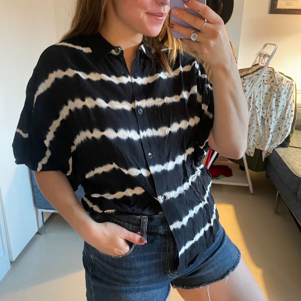 Splendid Button-Down Tie-Dye Striped Short-Sleeve Shirt Black White XS